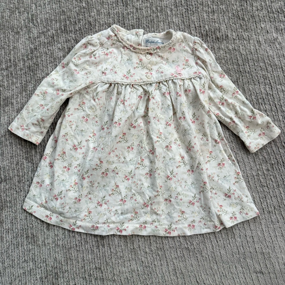 Ralph Lauren Baby Girl‎ Floral Dress 6M Ivory Pink Long Sleeve Cotton